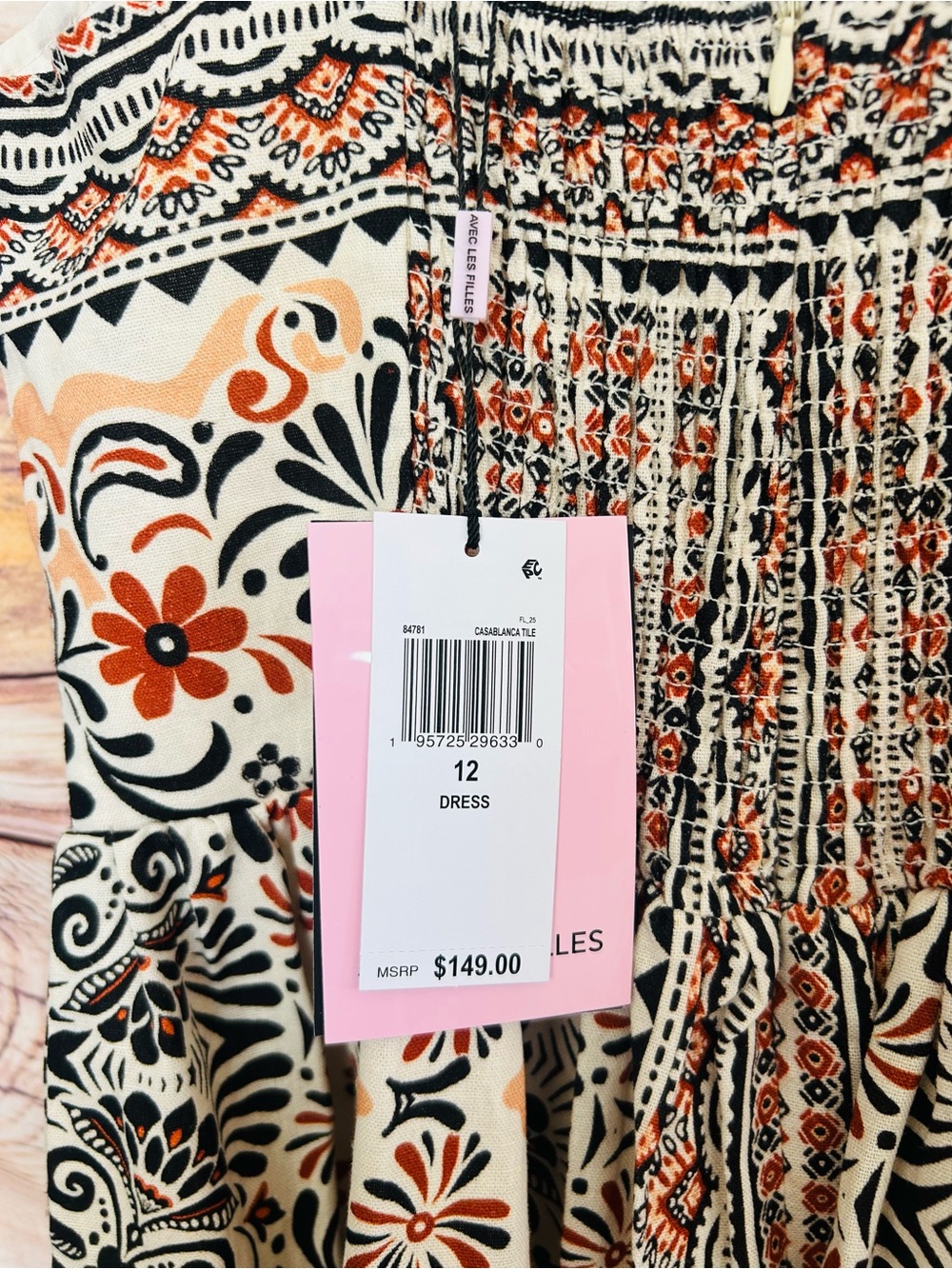 Avec Les Filles Casablanca Tile Linen Blend Bow-Strap Fit & Flare Mini Dress NWT - Picture 12 of 16